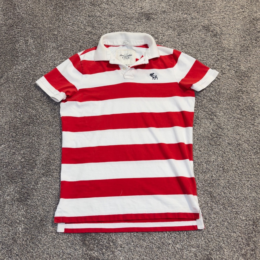 Abercrombie & Fitch Mens XXL Muscle Fit Polo Shirt Red White Striped Moose Logo